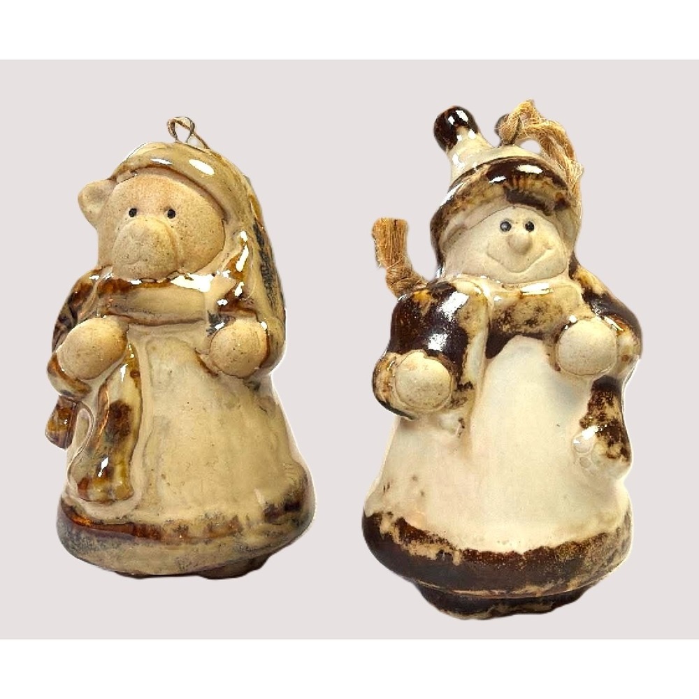 Rustic Cabin Core Pottery Ornaments Snowman & Bear Set of 2 Winter Cottagecore